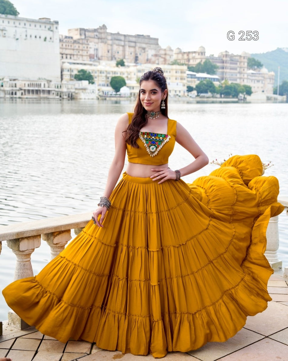 Plain Pure Rayon Lehenga with Original Mirror Gamthi Work – G 253