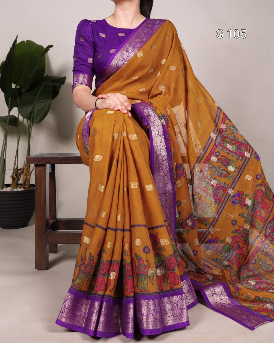 Poly Cotton Saree with Kalamkari Print & Zari Weaving Work – G105
