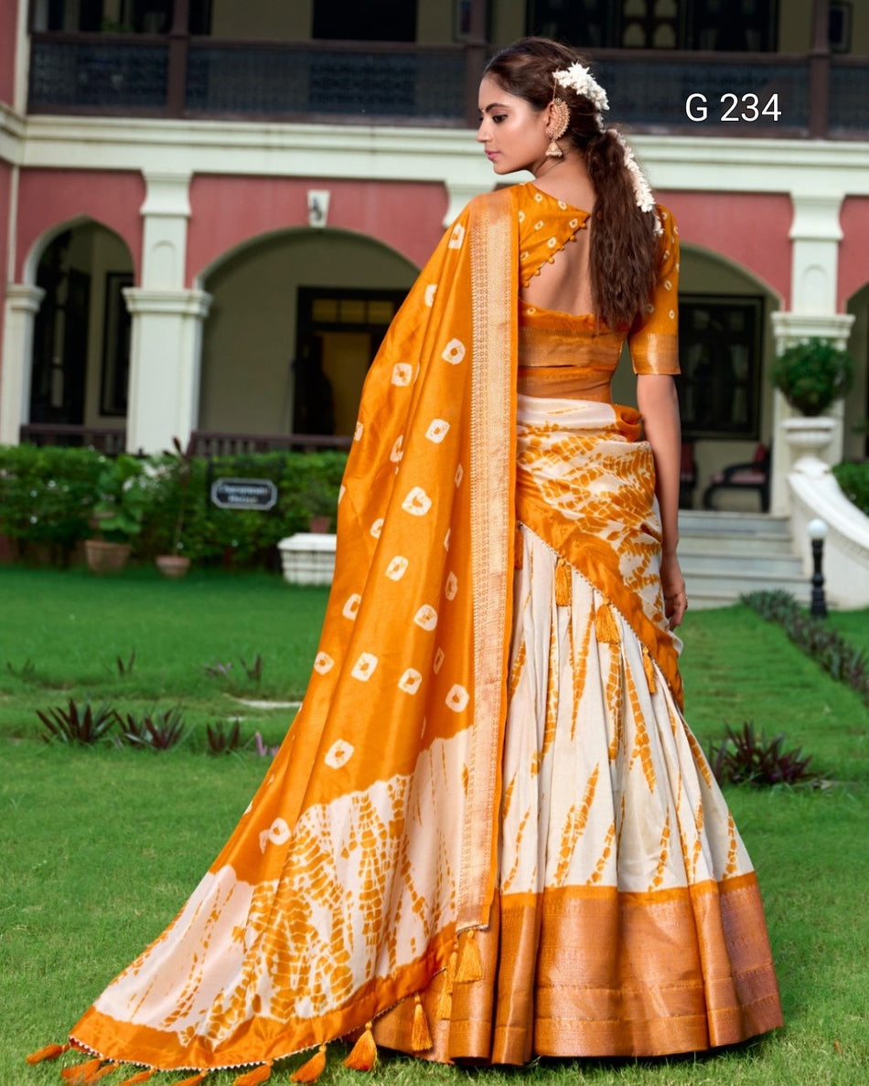 Shibori Print Dola Silk Lehenga with Zari Weaving Border – G 234 Mustard