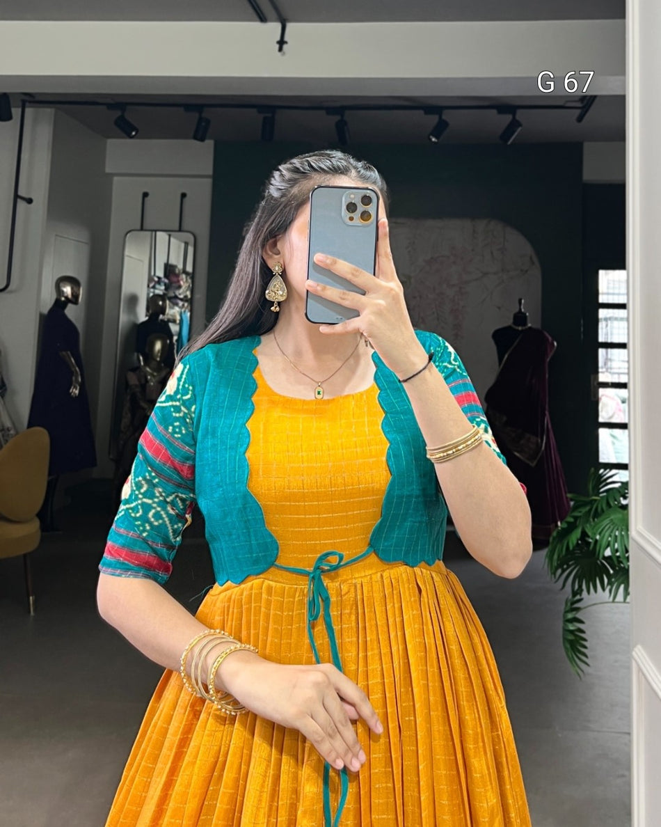 Tasar Chex Gown with Patola Print & Weaving Work Border – G 67 Mustred