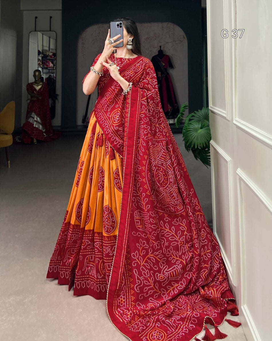 Tussar Silk Bandhej Print Lehenga with Gotta Patti Lace Border & Tassels – G 37 Mustered