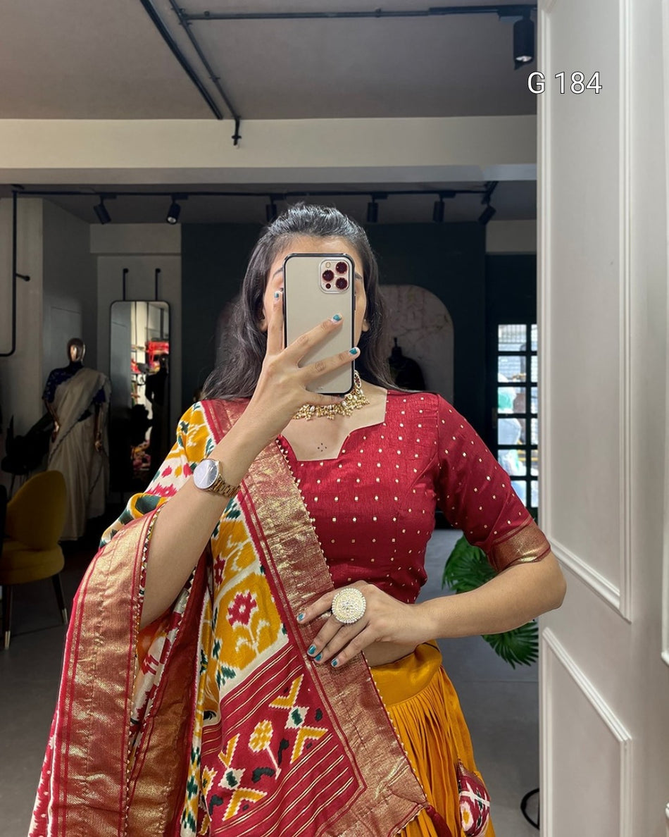 Mustard Tussar Silk Lehenga with Patola Print & Foil Work – G 184 Mustard