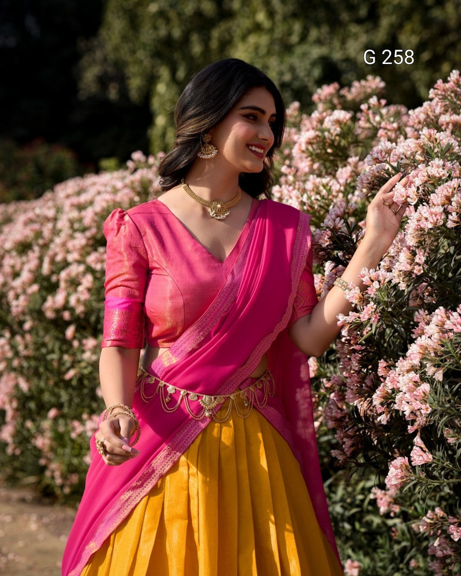 Zari Weaving Kanchipuram Lehenga with Lace Border – G 258 Mustard