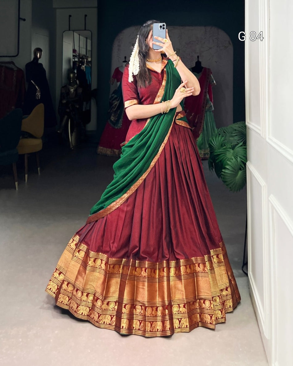 Narayan Pet Cotton Lehenga with Zari Weaving Work – G 84 Maroon