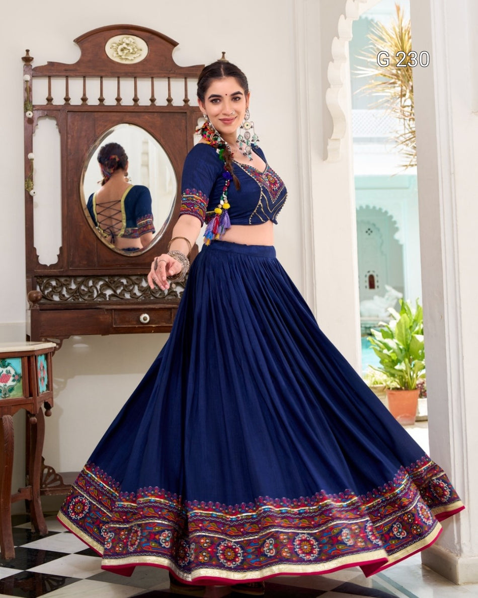 Gamthi Print Tasar Silk Lehenga with Embossed Design & Gotta Patti Lace – G 230 Navi Blue