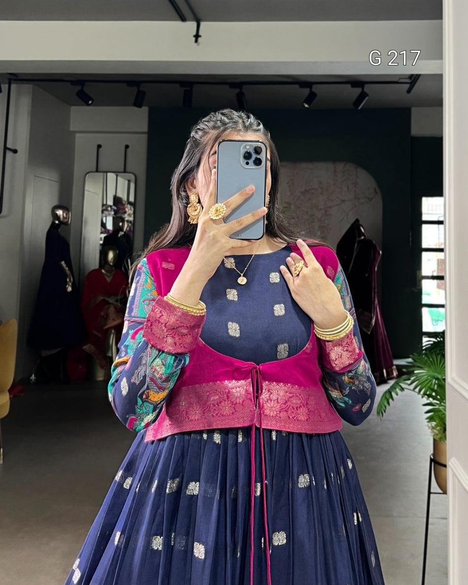 Kalamkari Print Poly Cotton Gown with Zari Weaving Work Border – G 217 Navi Blue