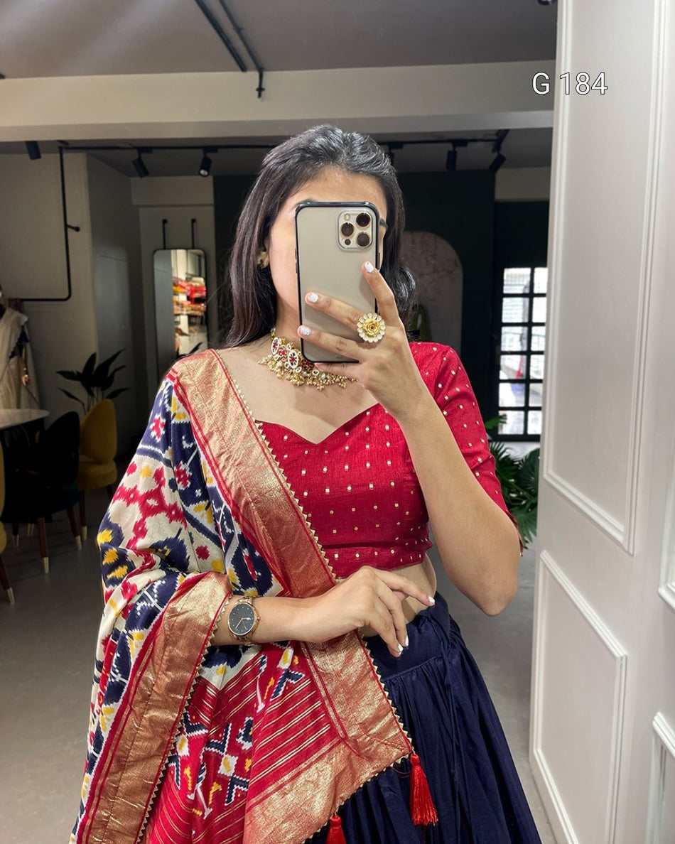 Navi Blue Tussar Silk Lehenga with Patola Print & Foil Work – G 184 Navi Blue