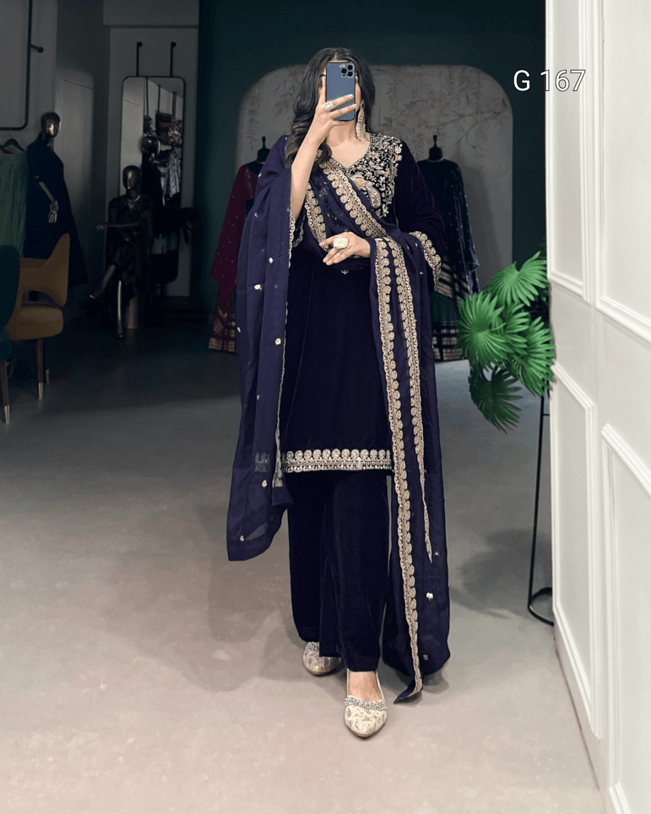 Navi Blue Velvet Top with Sequins & Thread Embroidery, Plain Velvet Bottom & Organza Dupatta - G 167 Navi Blue