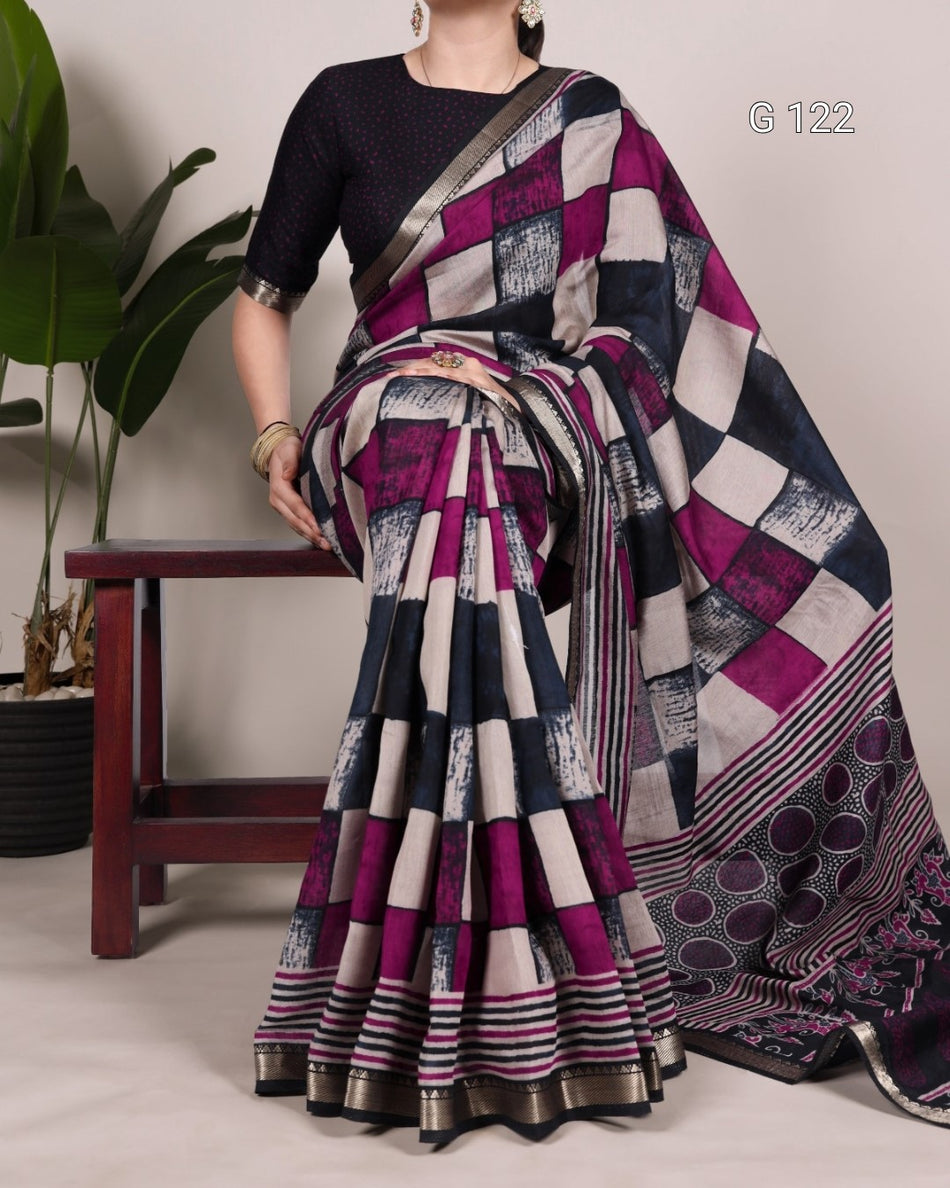 Printed Polyester Viscose Chanderi Saree with Temple Border – G 122 Navy Blue