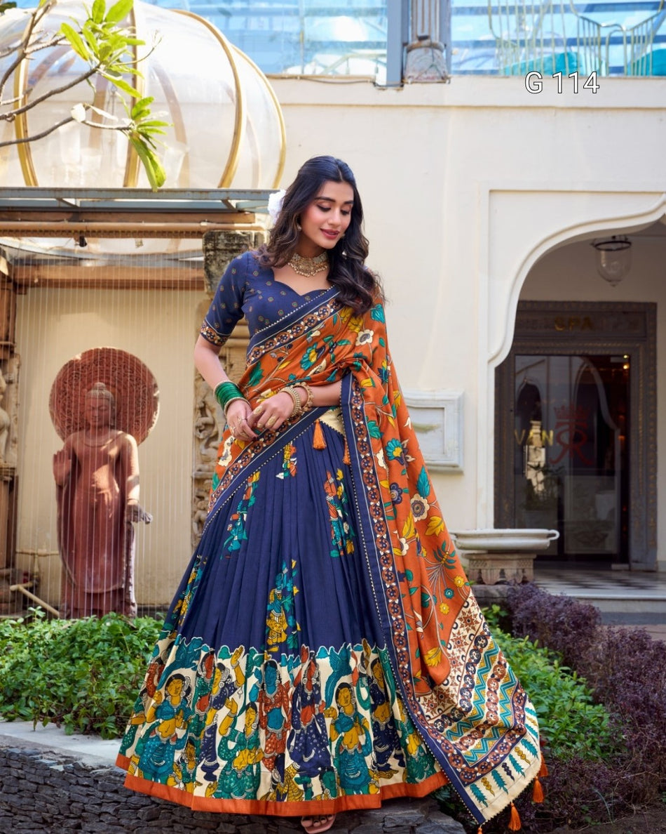Tussar Silk Lehenga with Foil Work & Kalamkari Print Dupatta – G 114 Navy Blue