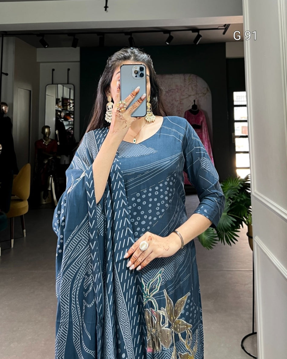 Roman Silk Top with Floral Print & Beads Handwork – G 91 Navy blue