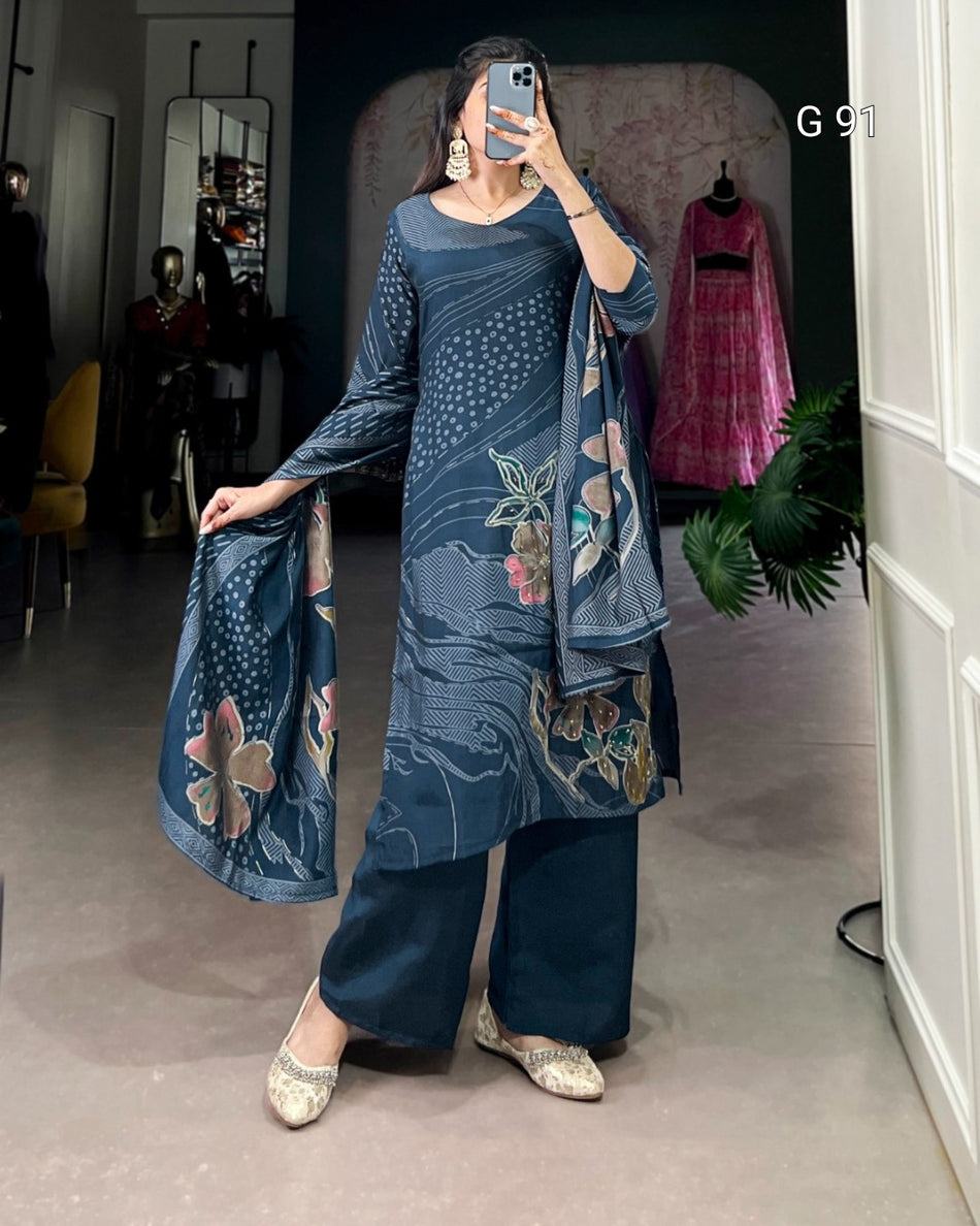 Roman Silk Top with Floral Print & Beads Handwork – G 91 Navy blue