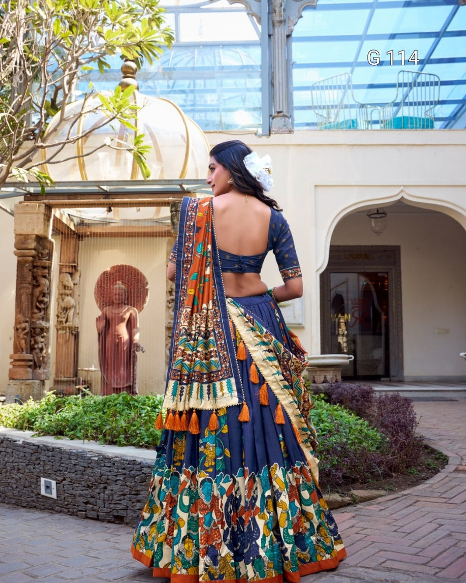 Tussar Silk Lehenga with Foil Work & Kalamkari Print Dupatta – G 114 Navy Blue