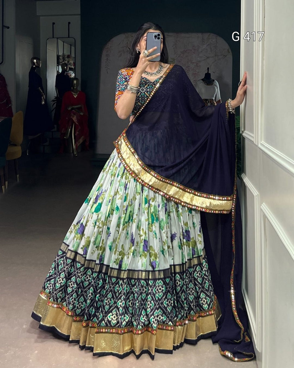 Tasar Silk Lehenga with Foil & Embossed Design Lace – G417 Navy Blue