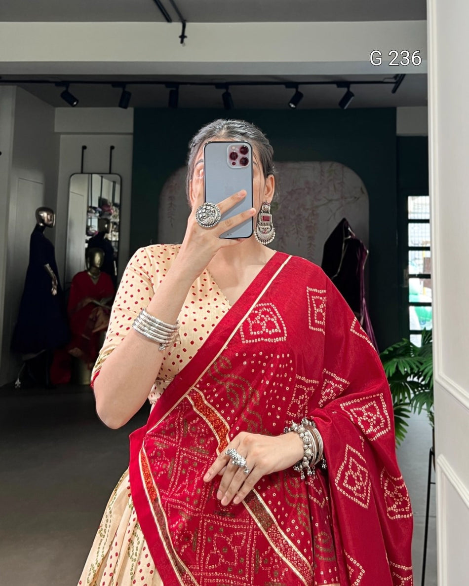 Bandhej Print Tasar Silk Lehenga with Gotta Patti Lace – G 236 Off White