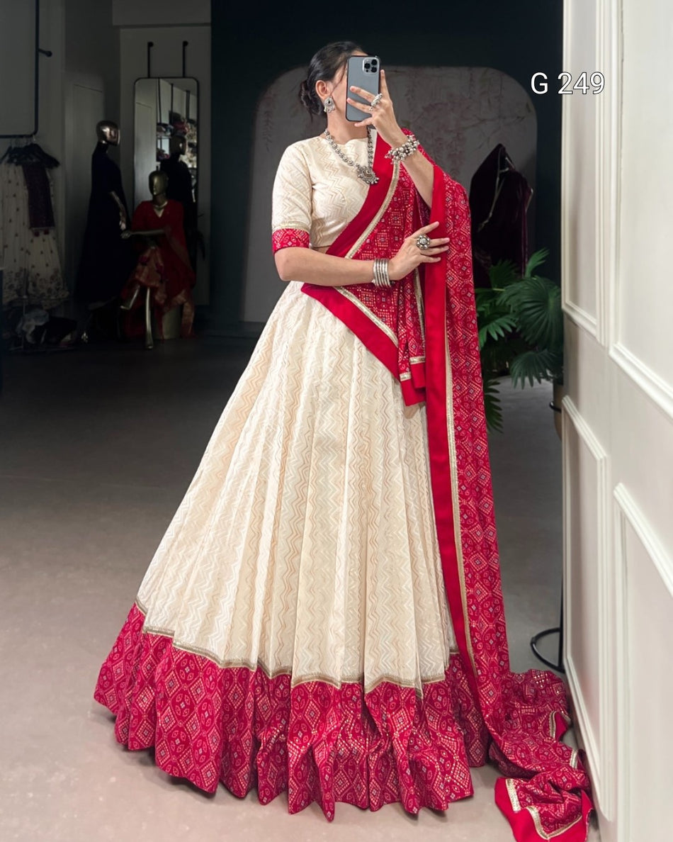 Zigzag & Bandhej Print Cotton Lehenga with Sequins Lace Touch Up – G 249 Off-White