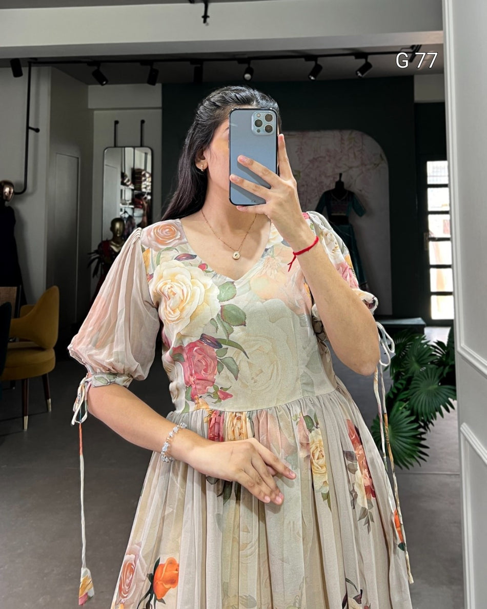 Floral Printed Georgette Frock – G 77 Off White