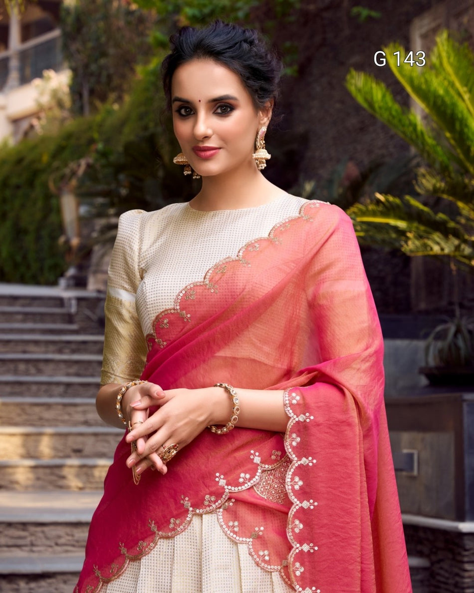 Off White Jacquard Chex Lehenga with Zari Weaving Work & Sequins Dupatta – Bridal Lehenga Set-G 143 Off White