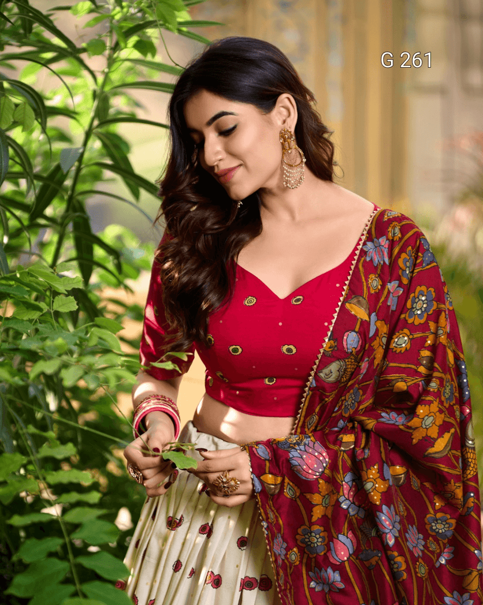 Kalamkari Print Tasar Silk Lehenga with Foil Work Border – G 261 Off White