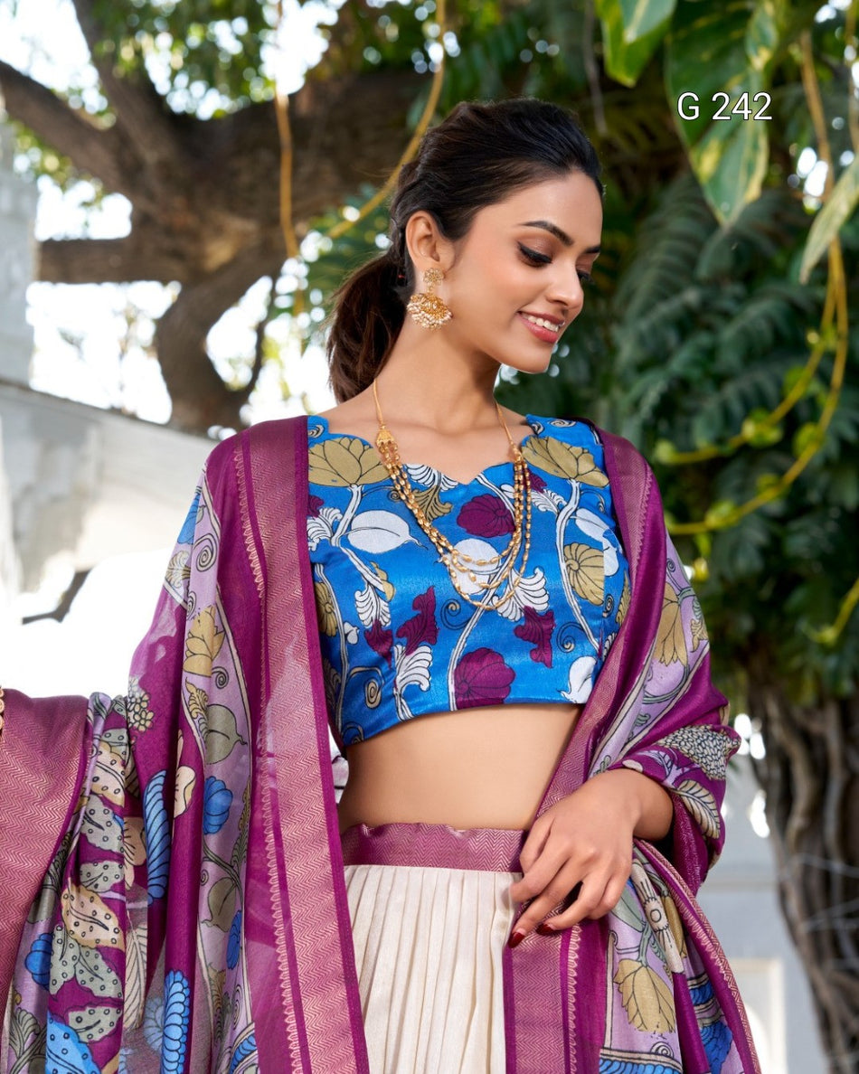 Kalamkari Printed Dola Silk Lehenga with Zari Weaving Border – G 242 Off White