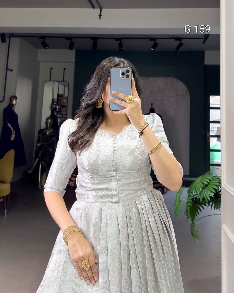 Off White Kanjivaram Gown & Koti Set with Zari Weaving & Lace Touch Up-G 159 Off White