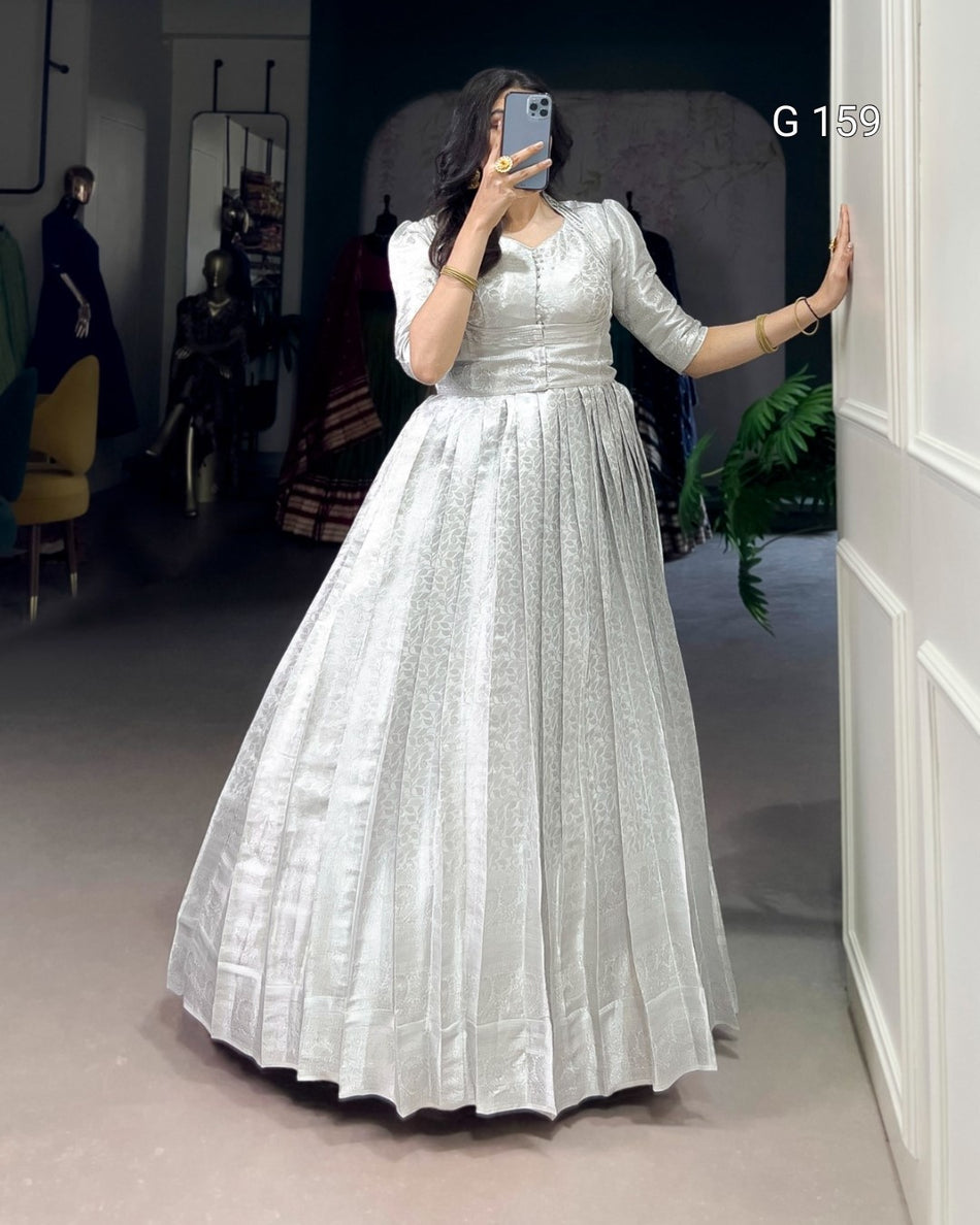 Off White Kanjivaram Gown & Koti Set with Zari Weaving & Lace Touch Up-G 159 Off White