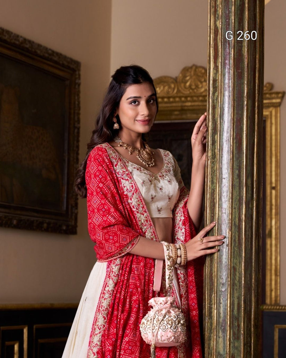 Sequins & Thread Embroidery Vichitra Silk Lehenga with Bandhej Print Dupatta – G 260 Off White