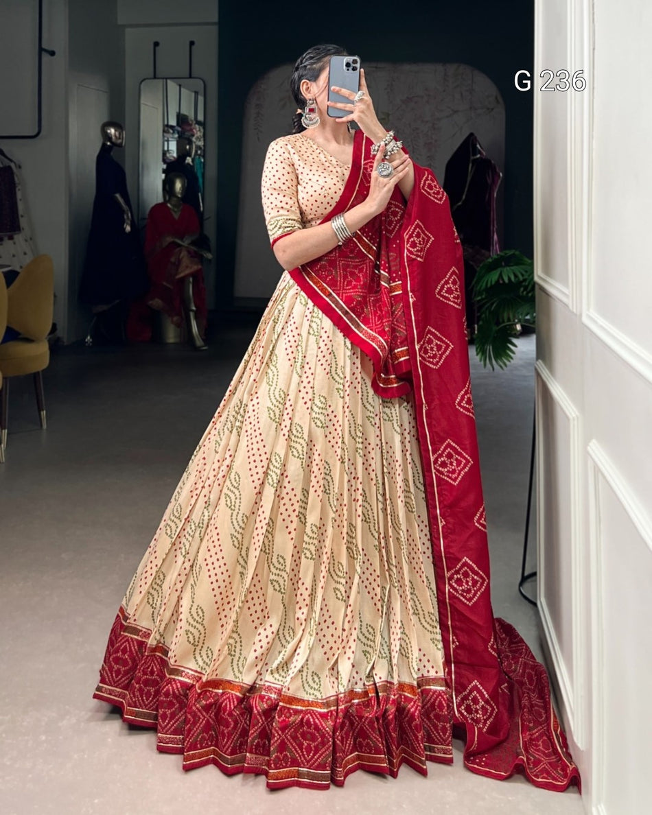 Bandhej Print Tasar Silk Lehenga with Gotta Patti Lace – G 236 Off White