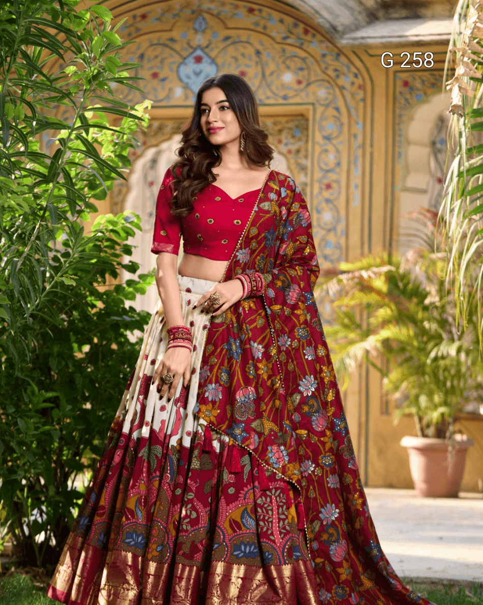 Kalamkari Print Tasar Silk Lehenga with Foil Work Border – G 261 Off White