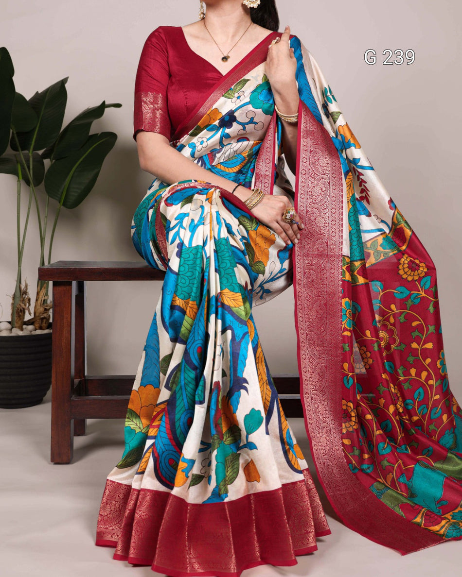 Printed Zari Weaving Tasar Silk Saree – G 239 Off White