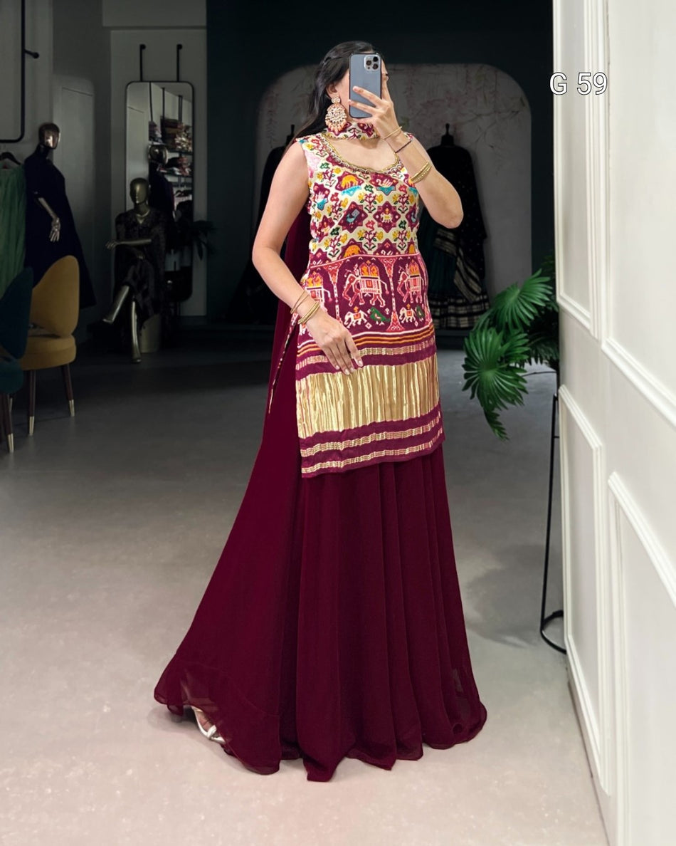 Gaji Silk Top with Printed Handwork & Georgette Plazo – G 59