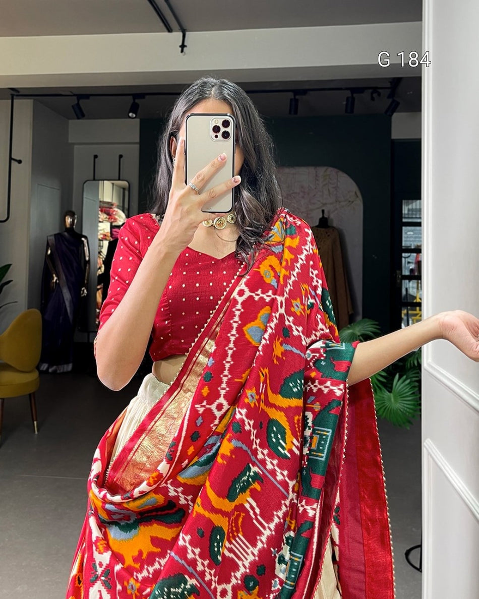 Off White Tussar Silk Lehenga with Patola Print & Foil Work – G 184 Off White