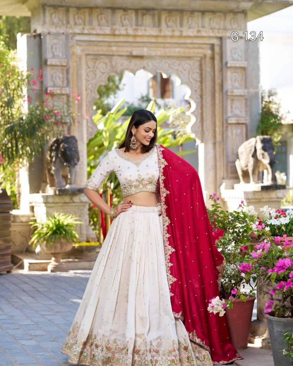 Vichitra Silk Sequins & Thread Embroidery Lehenga with Lace Border & Butties – G 134 Off White