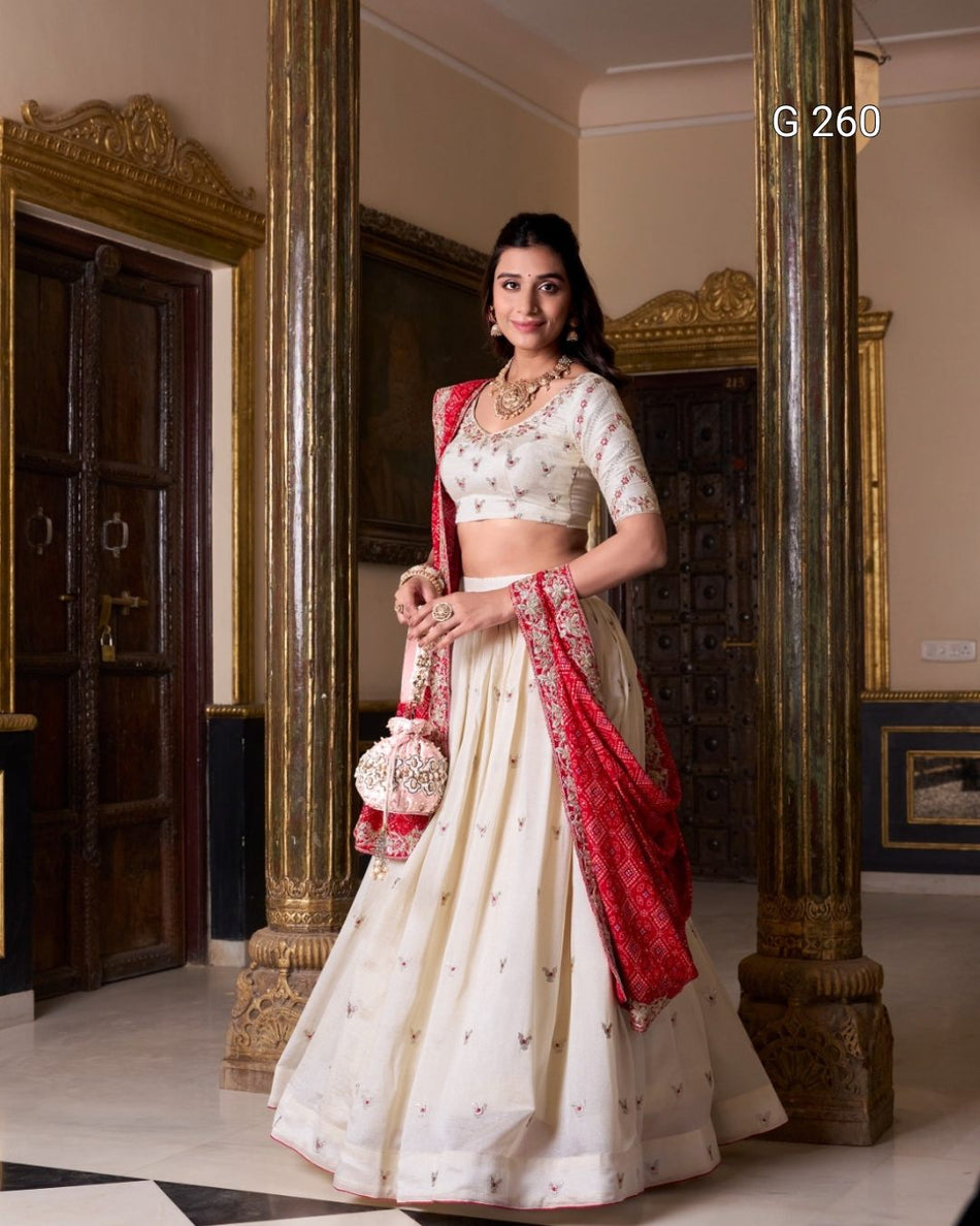 Sequins & Thread Embroidery Vichitra Silk Lehenga with Bandhej Print Dupatta – G 260 Off White