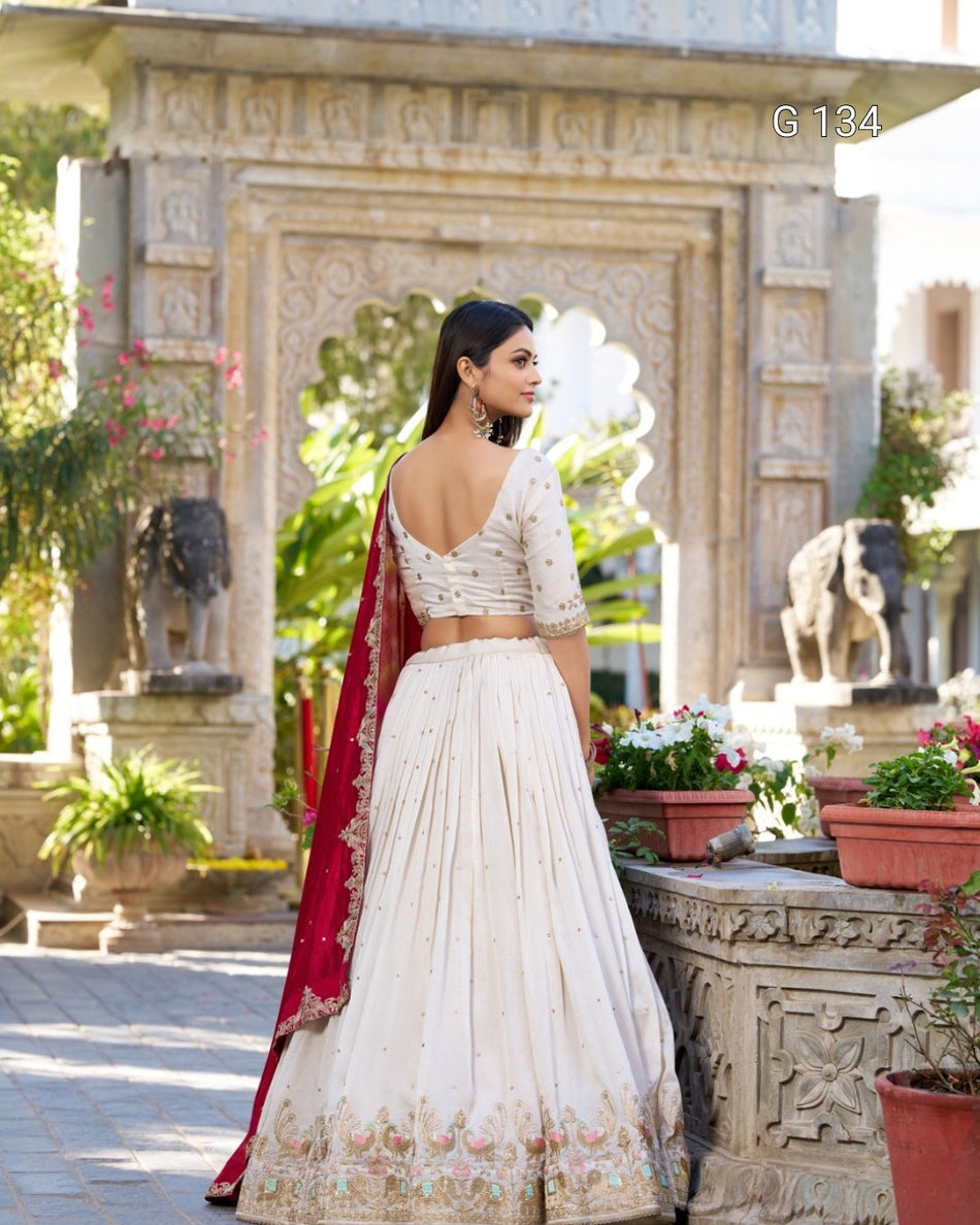 Vichitra Silk Sequins & Thread Embroidery Lehenga with Lace Border & Butties – G 134 Off White