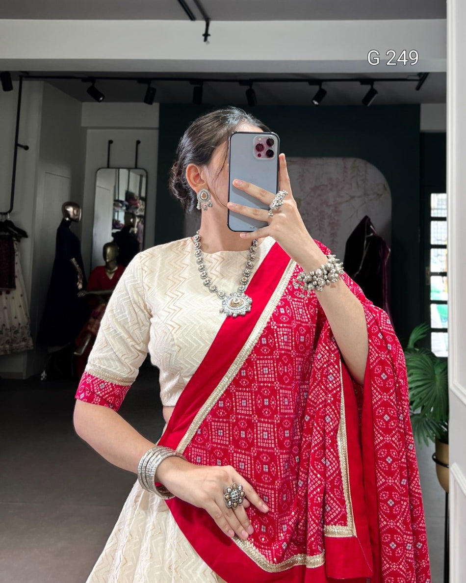 Zigzag & Bandhej Print Cotton Lehenga with Sequins Lace Touch Up – G 249 Off-White