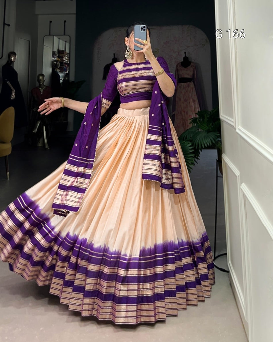 Off White Pure Chanderi Lehenga with Zari Weaving & Lace Touch-Up Dupatta - G 166 Off White