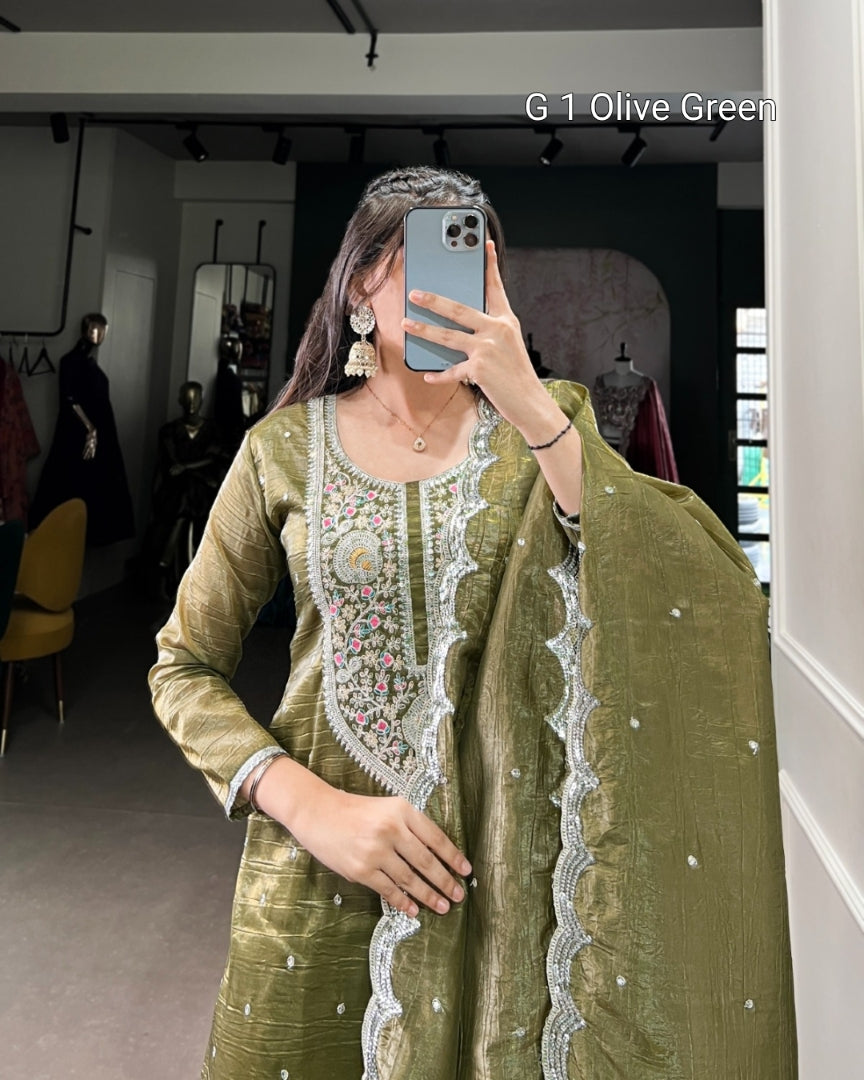 Olive Green Ethnic Dress with Sequins and Thread Embroidery - G 1 Olive Green