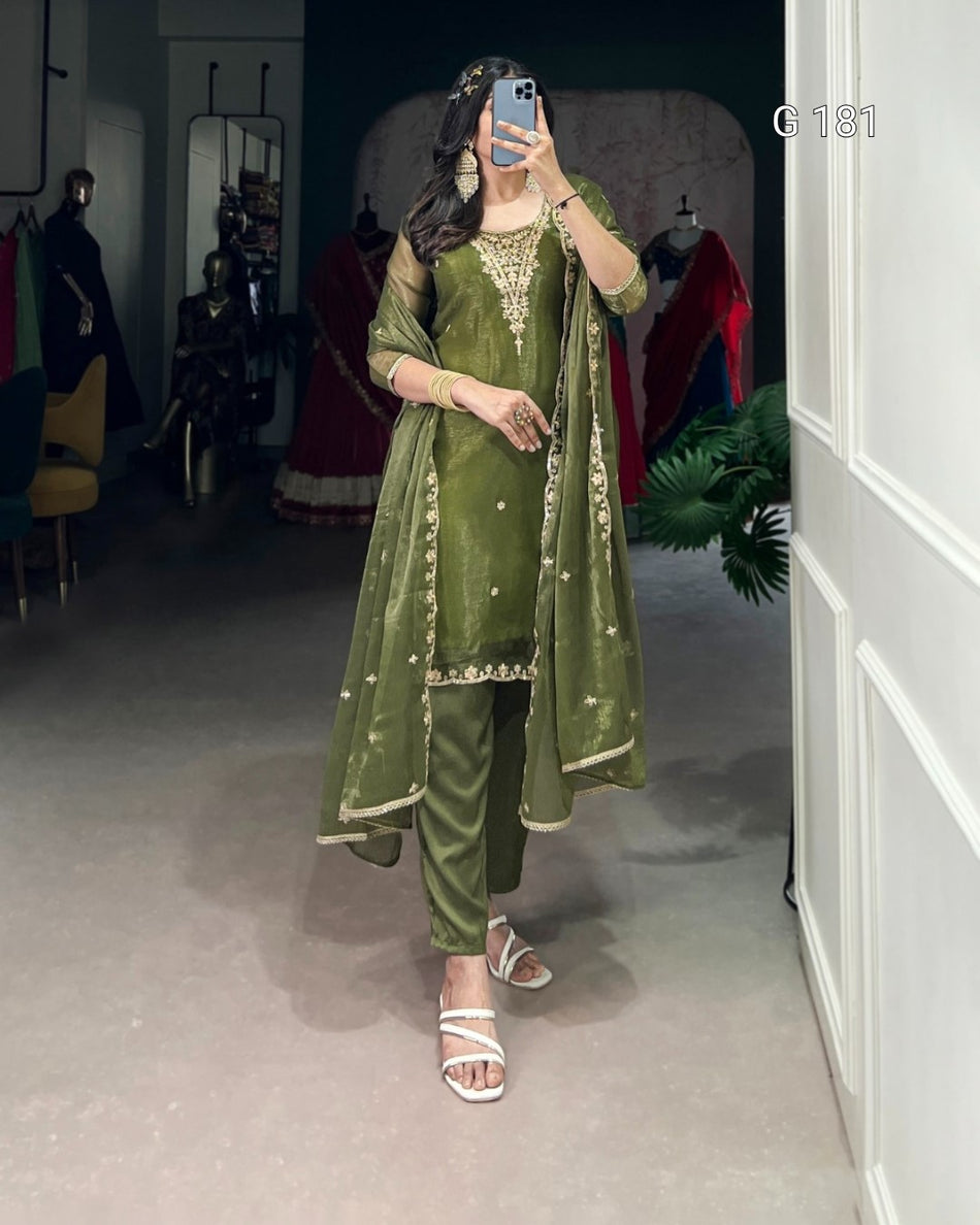 Olive Green Gold Coin Top with Sequins Embroidery & Maska Cotton Bottom – G 181 Olive Green