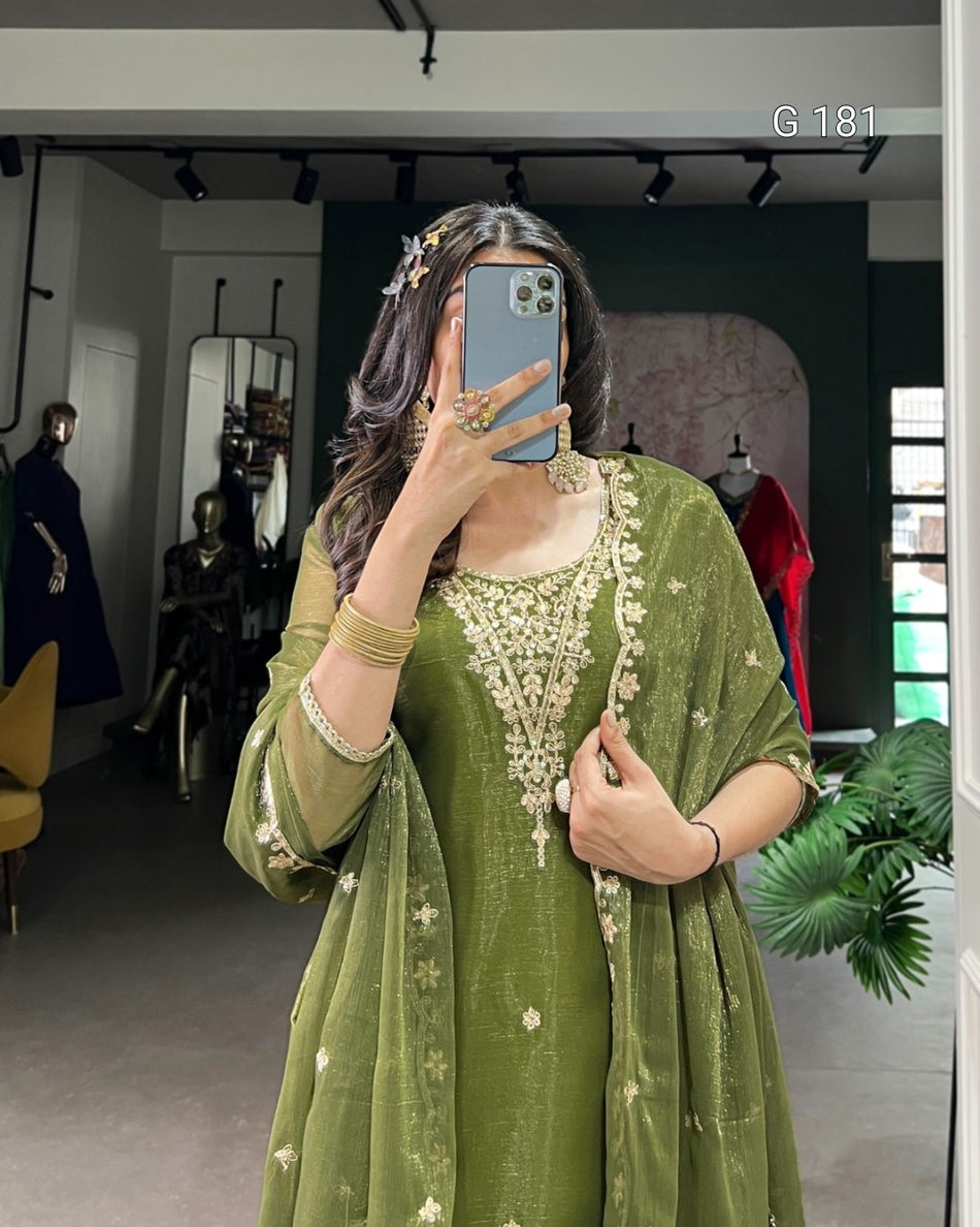 Olive Green Gold Coin Top with Sequins Embroidery & Maska Cotton Bottom – G 181 Olive Green