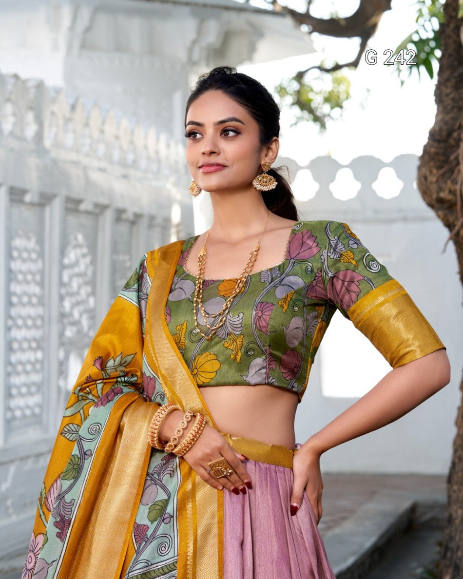 Kalamkari Printed Dola Silk Lehenga with Zari Weaving Border – G 242 Onion