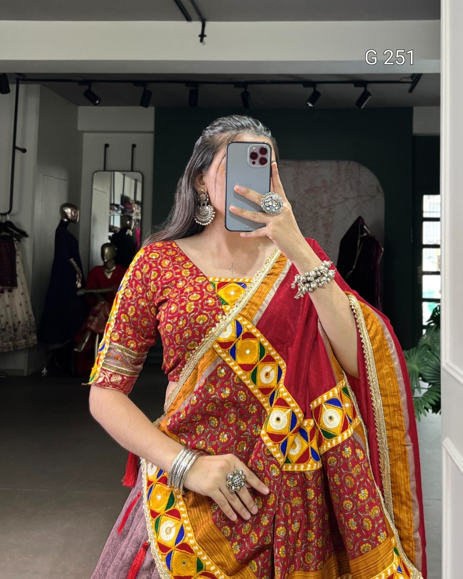 Kashmiri Print & Mirror Gamthi Work Tasar Silk Lehenga – G 251 Onion