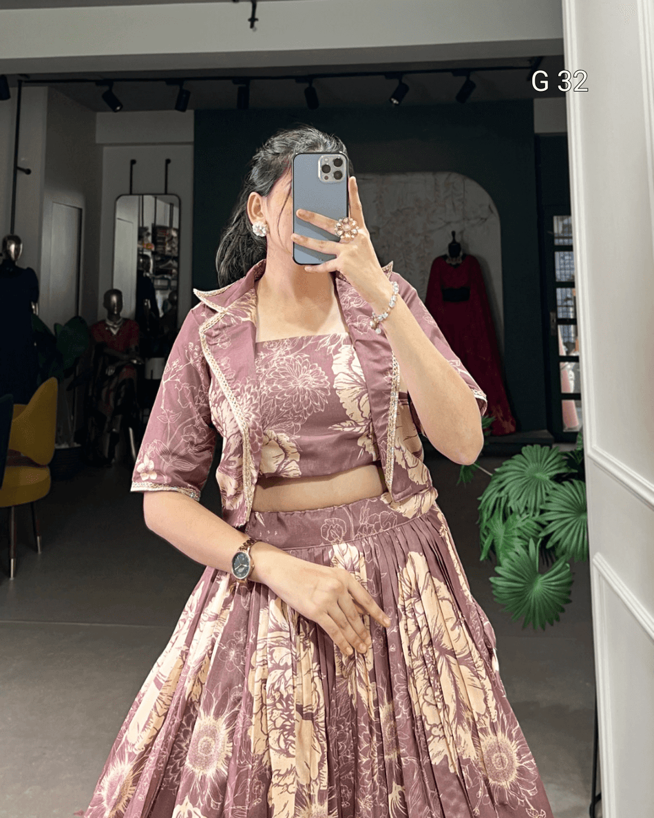 Onion Tussar Silk Lehenga with Floral Print – Stitched Blouse and Floral Print Koti - G 32 Onion