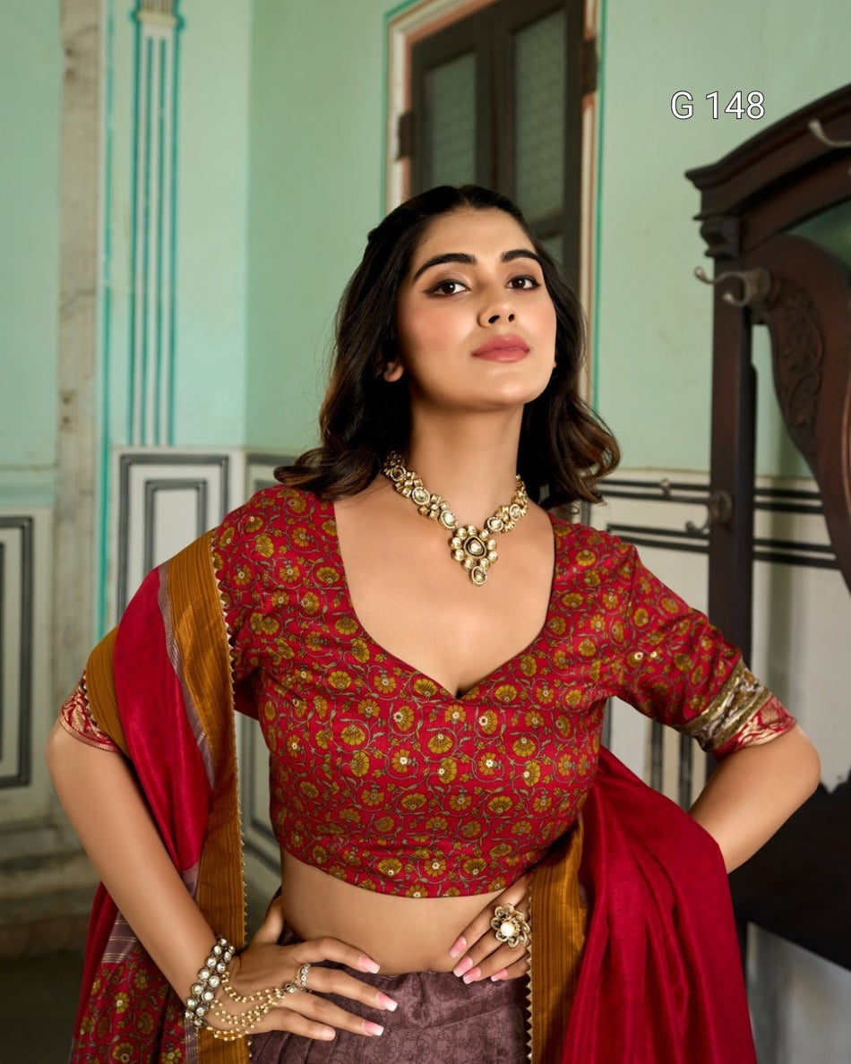 Onion Tussar Silk Lehenga with Kashmiri Print & Foil Work – Wedding Lehenga Set-G 148 Onion