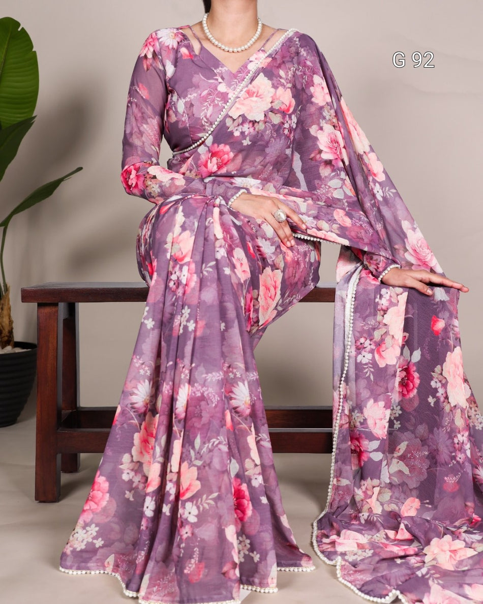 Weightless Marbal Saree with Printed Design & Pearl Lace Border – G92