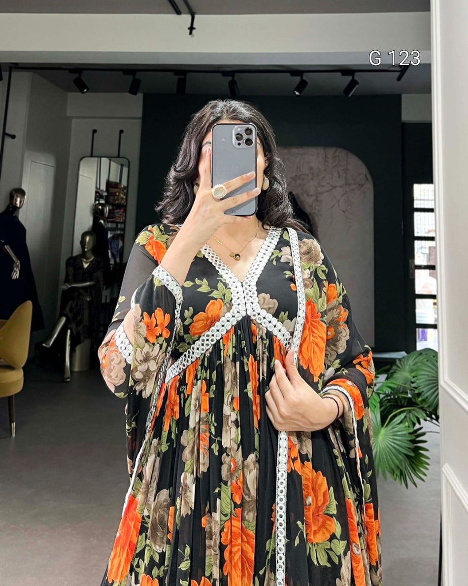 Floral Printed Georgette Gown with Peper Mirror Lace Touch Up – G 123 Orange