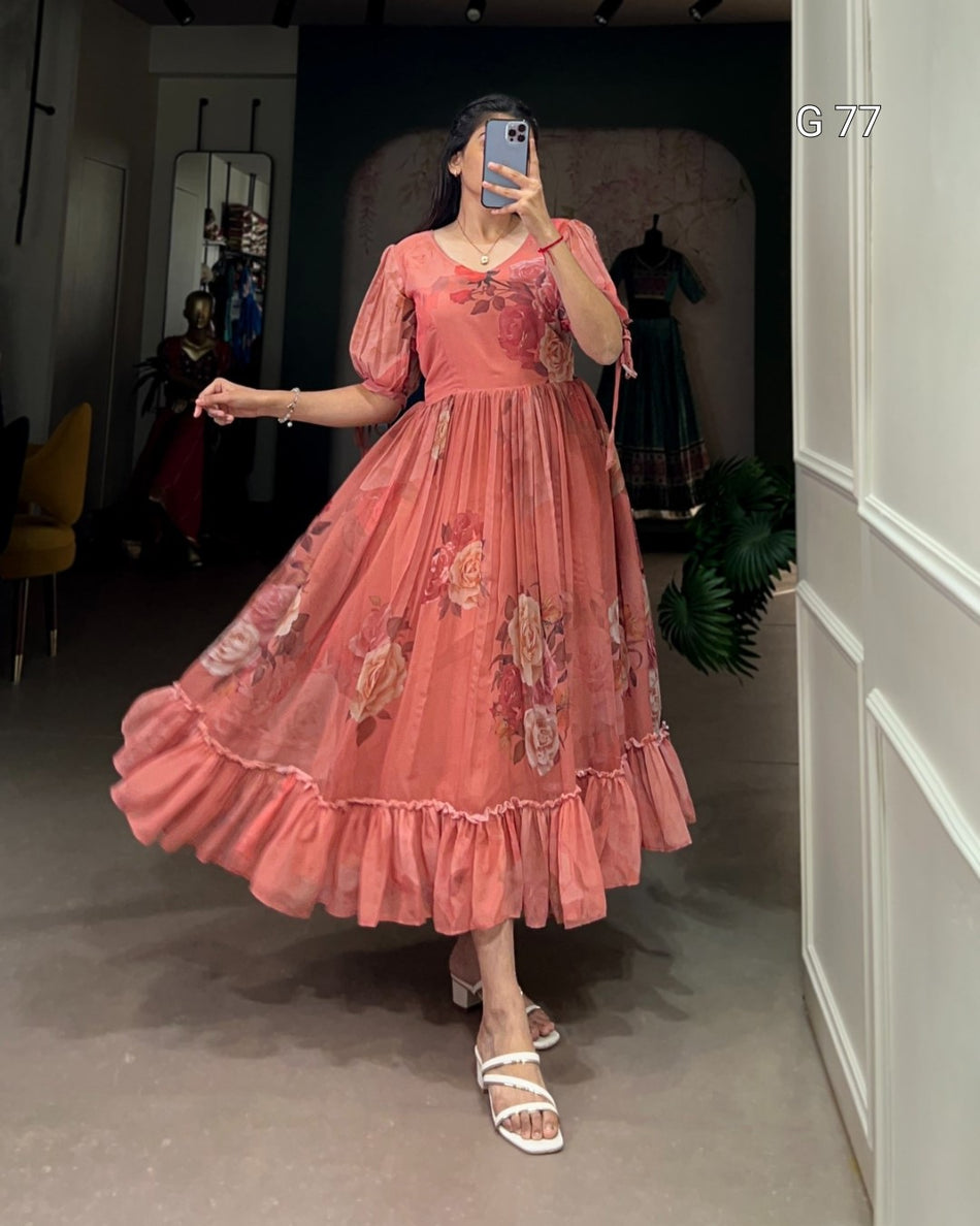 Floral Printed Georgette Frock – G 77 Orange