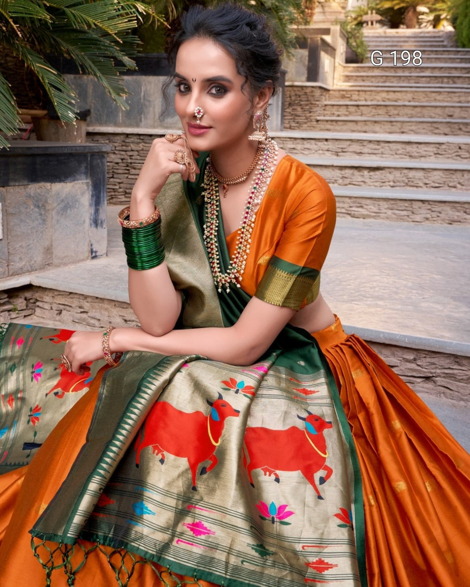 Orange Jacquard Silk (Paithani) Lehenga with Zari Weaving Work – G 198 Orange