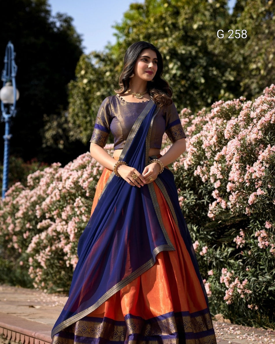 Zari Weaving Kanchipuram Lehenga with Lace Border – G 258 Orange
