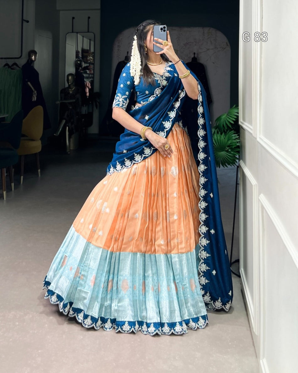 Zari Kota Lehenga with Sequins & Thread Embroidery Scallop Lace Border – G 83 Orange